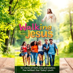 A visually striking book cover for 'Walking with Jesus: 50 Stories of Faith, Love, and Kindness for Today's Youth'