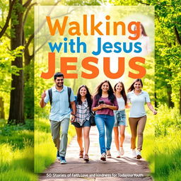 A visually striking book cover for 'Walking with Jesus: 50 Stories of Faith, Love, and Kindness for Today's Youth'