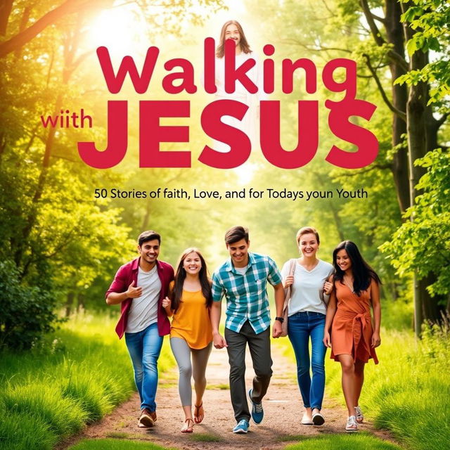 A visually striking book cover for 'Walking with Jesus: 50 Stories of Faith, Love, and Kindness for Today's Youth'