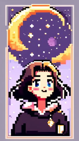 Pixel art profile picture featuring a detailed moon against a starry night sky, framed by a black border.