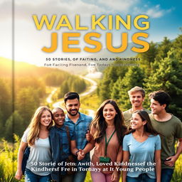 A compelling book cover for 'Walking with Jesus: 50 Stories of Faith, Love, and Kindness for Today's Young People'