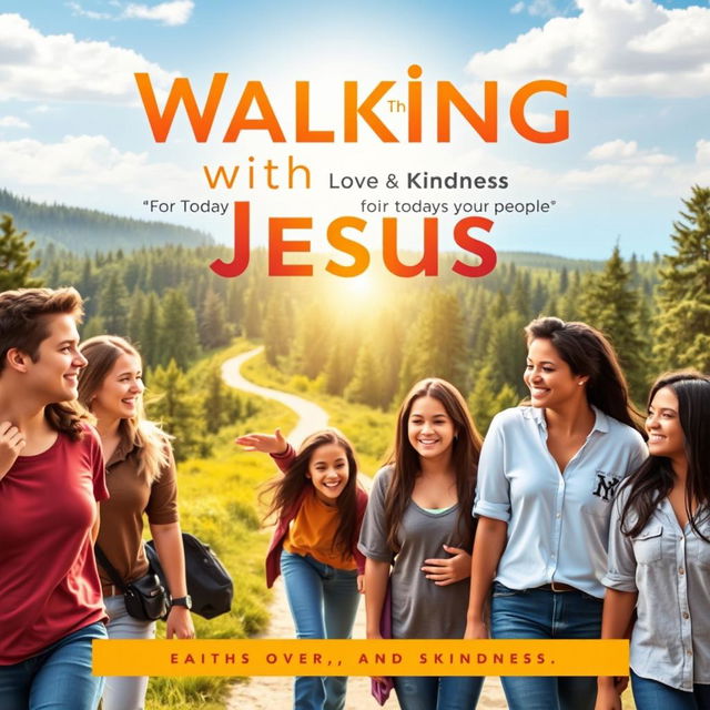 A compelling book cover for 'Walking with Jesus: 50 Stories of Faith, Love, and Kindness for Today's Young People'