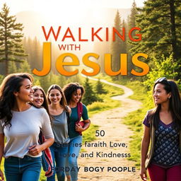 A compelling book cover for 'Walking with Jesus: 50 Stories of Faith, Love, and Kindness for Today's Young People'