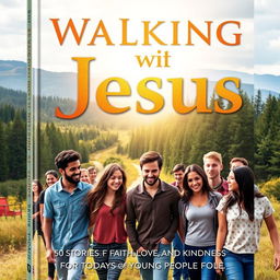 A compelling book cover for 'Walking with Jesus: 50 Stories of Faith, Love, and Kindness for Today's Young People'