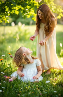 A serene scene of a little girl sitting on a grassy field, her hair cascading down as she looks up with a joyful expression at an adult woman standing above her