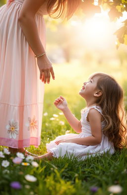 A serene scene of a little girl sitting on a grassy field, her hair cascading down as she looks up with a joyful expression at an adult woman standing above her