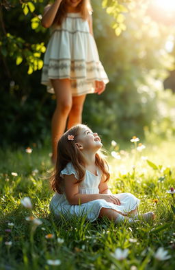 A serene scene of a little girl sitting on a grassy field, her hair cascading down as she looks up with a joyful expression at an adult woman standing above her