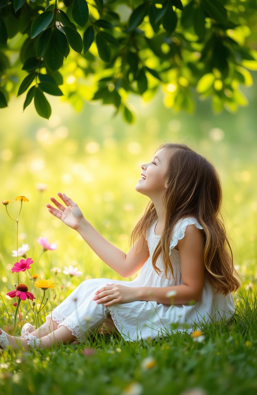 A serene scene of a little girl sitting on a grassy field, her hair cascading down as she looks up with a joyful expression at an adult woman standing above her