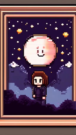 Pixel art profile picture featuring a detailed moon against a starry night sky, framed by a black border.