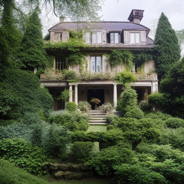 A large, two-story, old house with a beautiful garden