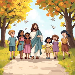 A heartwarming illustration depicting a diverse group of children walking along a sunny path with Jesus, who is portrayed as a gentle figure in flowing robes, radiating kindness and love