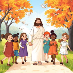 A heartwarming illustration depicting a diverse group of children walking along a sunny path with Jesus, who is portrayed as a gentle figure in flowing robes, radiating kindness and love
