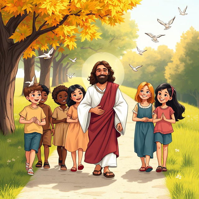 A heartwarming illustration depicting a diverse group of children walking along a sunny path with Jesus, who is portrayed as a gentle figure in flowing robes, radiating kindness and love