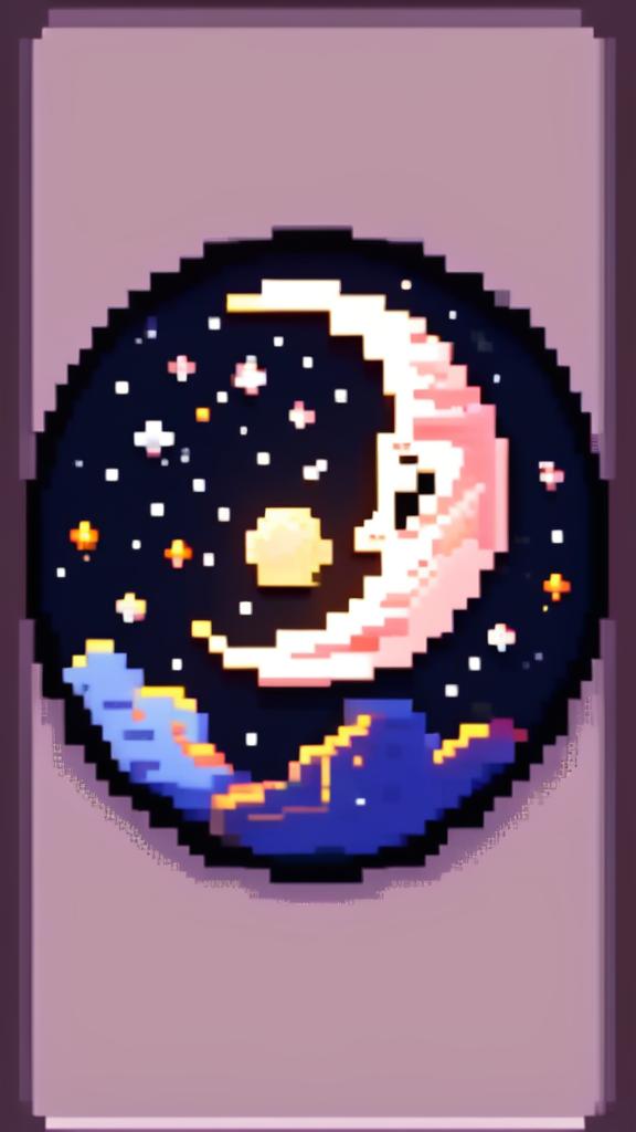 Pixel art profile picture featuring a detailed moon against a starry night sky, framed by a black border.