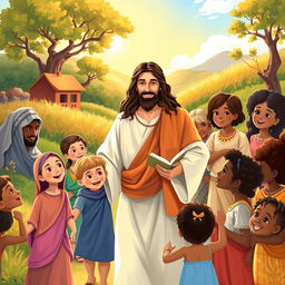 A heartwarming and inspirational illustration depicting a realistic looking Jesus walking through diverse landscapes with children of various ethnic backgrounds
