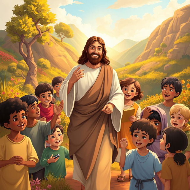 A heartwarming and inspirational illustration depicting a realistic looking Jesus walking through diverse landscapes with children of various ethnic backgrounds