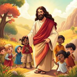 A heartwarming and inspirational illustration depicting a realistic looking Jesus walking through diverse landscapes with children of various ethnic backgrounds
