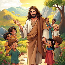 A heartwarming and inspirational illustration depicting a realistic looking Jesus walking through diverse landscapes with children of various ethnic backgrounds