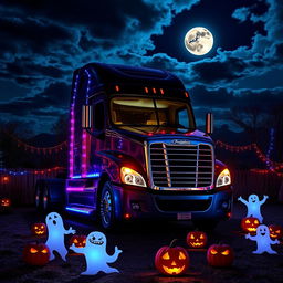 A Halloween-themed Freightliner Cascadia truck parked in a spooky landscape, decorated with colorful Halloween lights and decorations