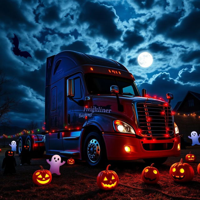 A Halloween-themed Freightliner Cascadia truck parked in a spooky landscape, decorated with colorful Halloween lights and decorations