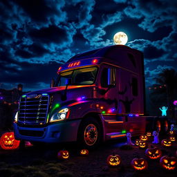 A Halloween-themed Freightliner Cascadia truck parked in a spooky landscape, decorated with colorful Halloween lights and decorations