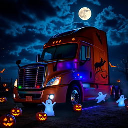 A Halloween-themed Freightliner Cascadia truck parked in a spooky landscape, decorated with colorful Halloween lights and decorations