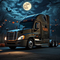 A Halloween-themed Freightliner Cascadia parked against a spooky backdrop, adorned with festive decorations like cobwebs, jack-o'-lanterns, and bat silhouettes