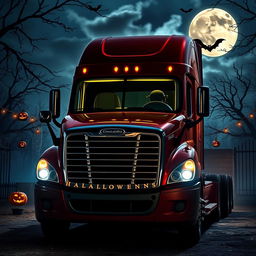 A Halloween-themed Freightliner Cascadia parked against a spooky backdrop, adorned with festive decorations like cobwebs, jack-o'-lanterns, and bat silhouettes