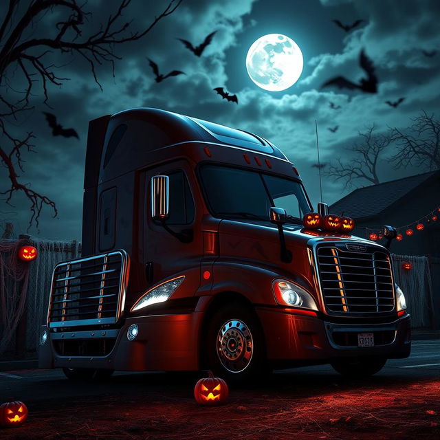 A Halloween-themed Freightliner Cascadia parked against a spooky backdrop, adorned with festive decorations like cobwebs, jack-o'-lanterns, and bat silhouettes