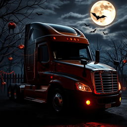 A Halloween-themed Freightliner Cascadia parked against a spooky backdrop, adorned with festive decorations like cobwebs, jack-o'-lanterns, and bat silhouettes