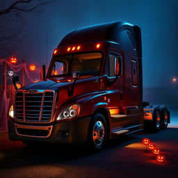 A realistic Halloween-themed Freightliner Cascadia parked in a dimly lit environment, surrounded by eerie decorations such as cobwebs, glowing jack-o'-lanterns, and ghostly silhouettes