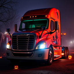 A realistic Halloween-themed Freightliner Cascadia parked in a dimly lit environment, surrounded by eerie decorations such as cobwebs, glowing jack-o'-lanterns, and ghostly silhouettes