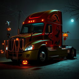 A realistic Halloween-themed Freightliner Cascadia parked in a dimly lit environment, surrounded by eerie decorations such as cobwebs, glowing jack-o'-lanterns, and ghostly silhouettes