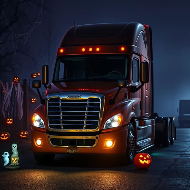 A realistic Halloween-themed Freightliner Cascadia parked in a dimly lit environment, surrounded by eerie decorations such as cobwebs, glowing jack-o'-lanterns, and ghostly silhouettes