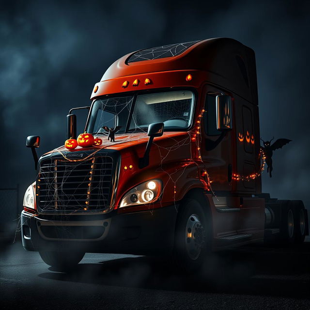 A realistic Halloween-themed photo of a Freightliner Cascadia, beautifully adorned with spooky decorations like cobwebs, glowing jack-o'-lanterns, and ghostly figures