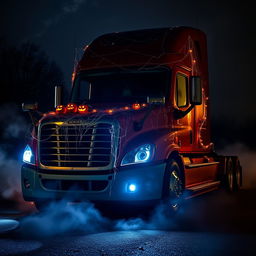 A realistic Halloween-themed photo of a Freightliner Cascadia, beautifully adorned with spooky decorations like cobwebs, glowing jack-o'-lanterns, and ghostly figures