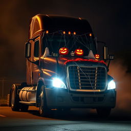 A realistic Halloween-themed photo of a Freightliner Cascadia, beautifully adorned with spooky decorations like cobwebs, glowing jack-o'-lanterns, and ghostly figures