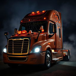 A realistic Halloween-themed photo of a Freightliner Cascadia, beautifully adorned with spooky decorations like cobwebs, glowing jack-o'-lanterns, and ghostly figures