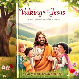 A captivating book cover design for 'Walking with Jesus: 50 Stories of Faith, Love, and Kindness for Children'