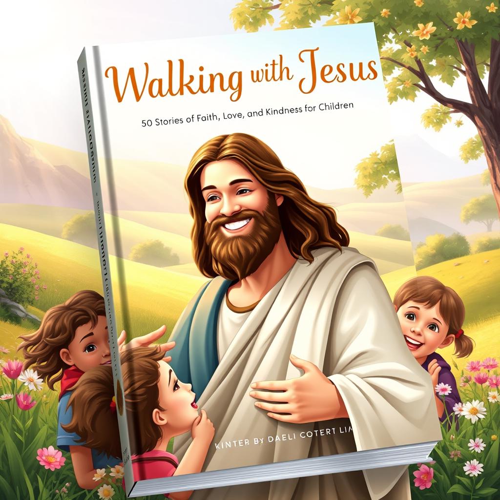 A captivating book cover design for 'Walking with Jesus: 50 Stories of Faith, Love, and Kindness for Children'