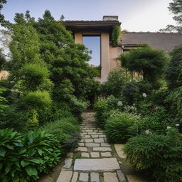 A large, two-story, old house with a beautiful garden