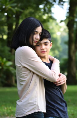 A teenage girl with medium-length black hair, embracing a teenage boy with short black hair and a well-groomed stubble