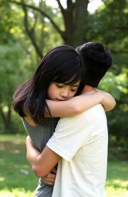 A teenage girl with medium-length black hair, embracing a teenage boy with short black hair and a well-groomed stubble