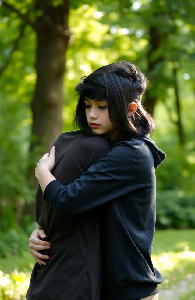 A teenage girl with medium-length black hair, embracing a teenage boy with short black hair and a well-groomed stubble