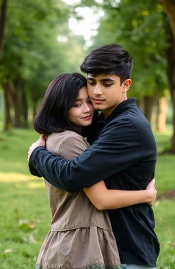A teenage girl with medium-length black hair, embracing a teenage boy with short black hair and a well-groomed stubble