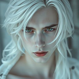 A 19-year-old male with an ethereal beauty, showcasing pale skin reminiscent of a ghost, with strikingly white hair flowing elegantly