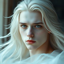 A 19-year-old male with an ethereal beauty, showcasing pale skin reminiscent of a ghost, with strikingly white hair flowing elegantly