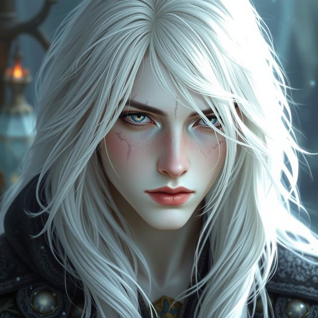 A 19-year-old bard with an ethereal beauty, featuring pale skin reminiscent of a ghost, strikingly white hair that cascades elegantly, and deep, sorrowful eyes filled with mystery