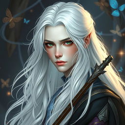 A 19-year-old bard with an ethereal beauty, featuring pale skin reminiscent of a ghost, strikingly white hair that cascades elegantly, and deep, sorrowful eyes filled with mystery