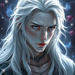 A 19-year-old bard with an ethereal beauty, featuring pale skin reminiscent of a ghost, strikingly white hair that cascades elegantly, and deep, sorrowful eyes filled with mystery